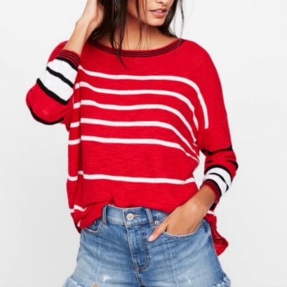 Express Red Striped Drop Shoulder Circle Hem Tunic Sweater - Picture 2 of 8